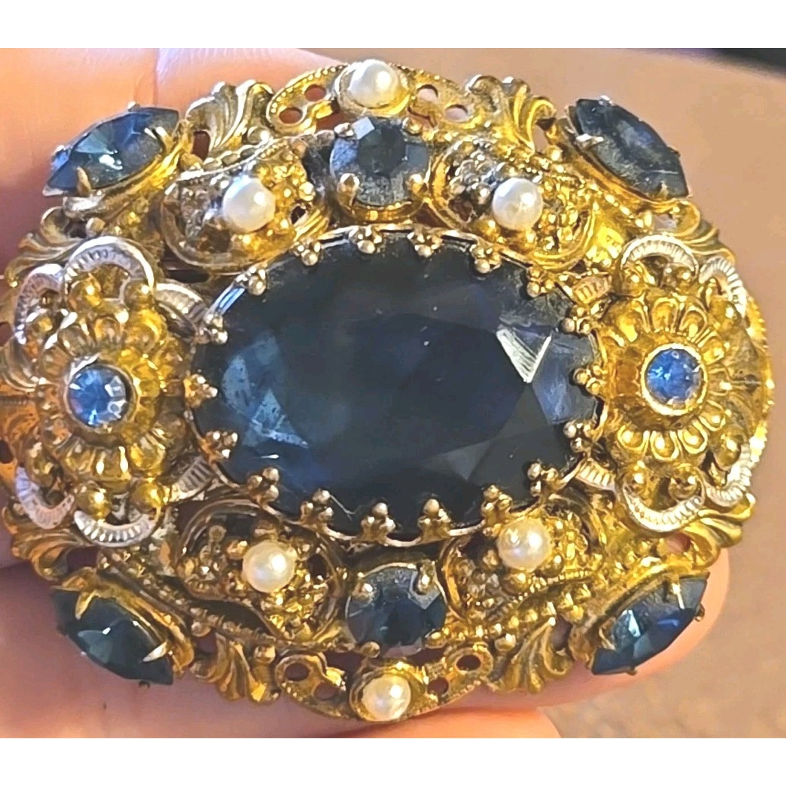 Vintage West Germany Blue Rhinestone Faux Pearl Ornate Gold Tone Filigree Brooch 75$